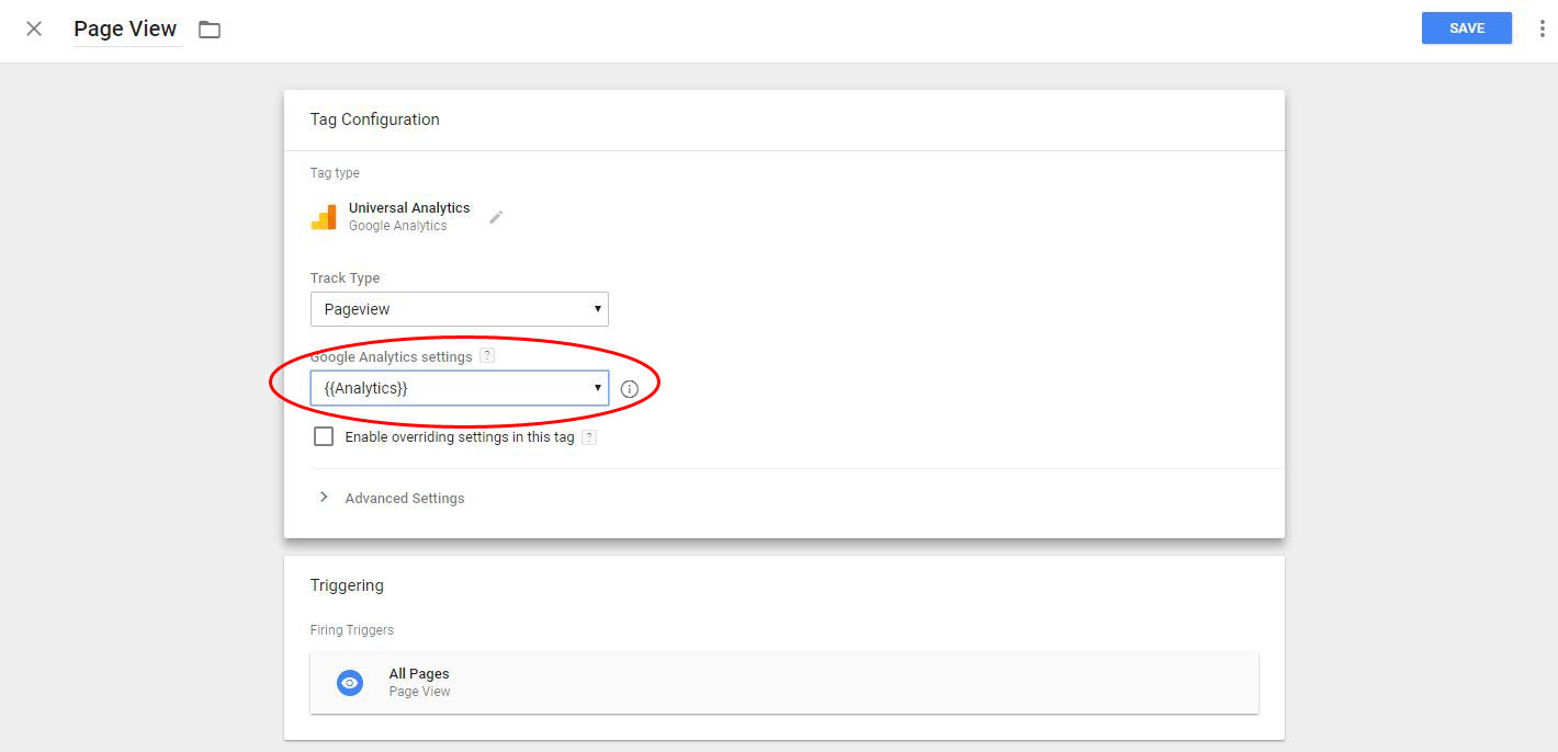 Click the dropdown under ‘Google Analytics Settings’ and choose {{Analytics}}